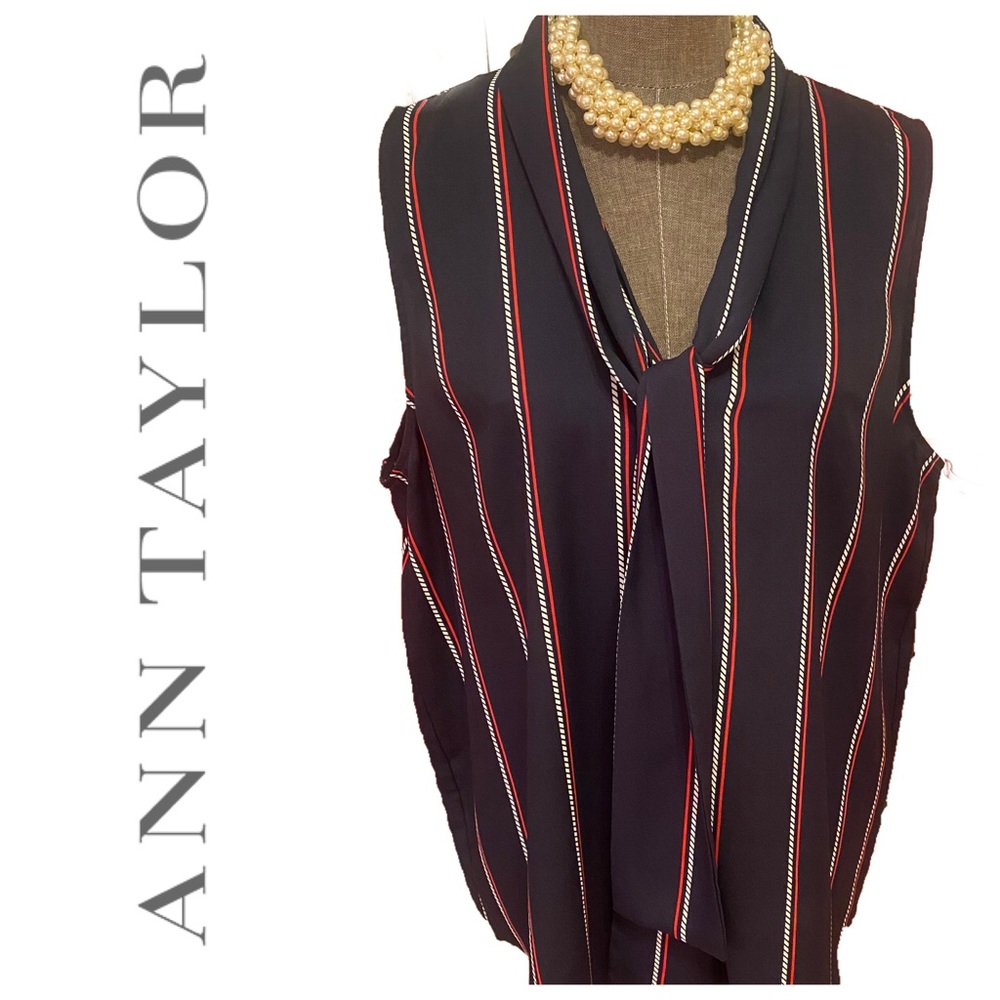 Ann Taylor silky striped Pussy-bow blouse XXL